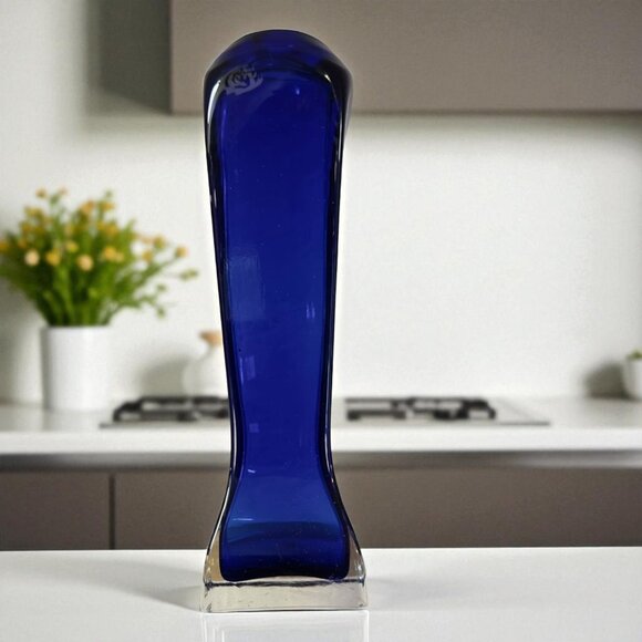 Badash Decor Co. Rich Cobalt Blue Clear Base Art Glass Decorative Vase 9.5" Tall - Picture 1 of 5